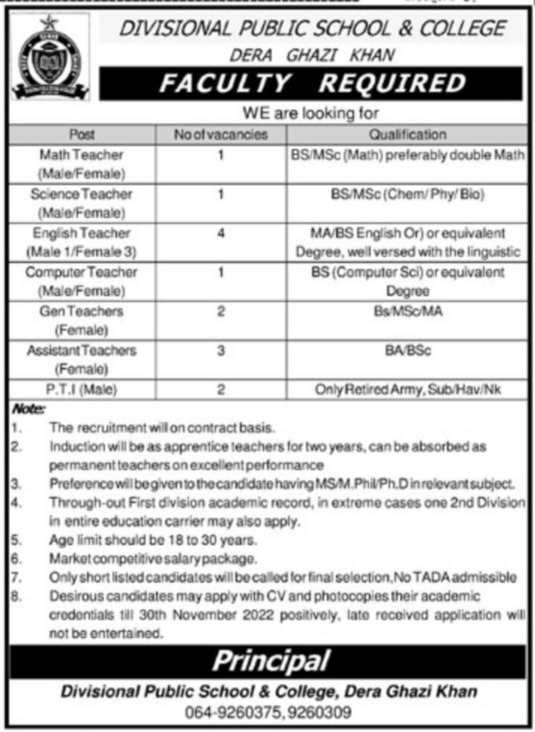 Divisional Public School and College Dera Ghazi Khan Jobs 2022 Advertisement