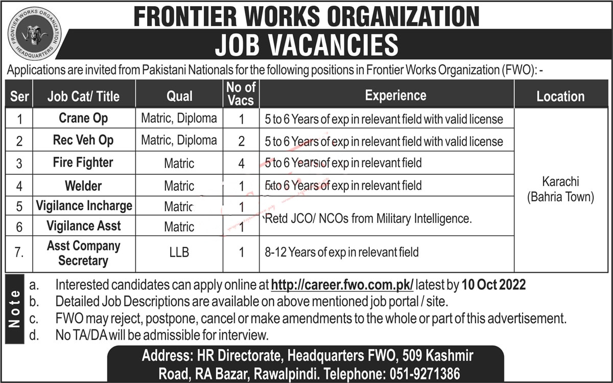 Frontier Works Organization Jobs 2022 Ad