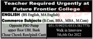 Future Frontier College Rawalpindi Jobs 2022 Advertisement