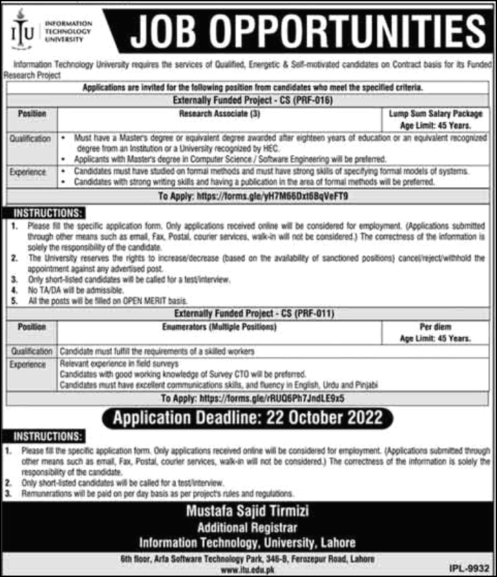 Information Technology University ITU Lahore Jobs 2022 Advertisement