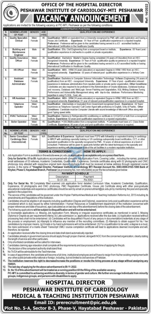 Institute of Cardiology Peshawar Jobs 2022 Advertisement