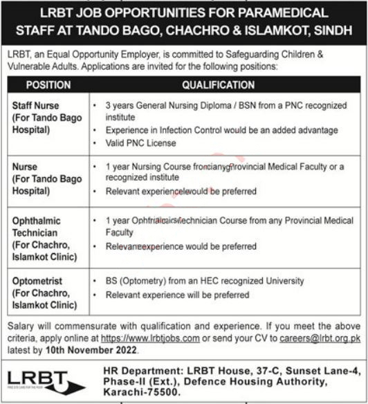 LRBT Hospital Karachi Jobs 2022 Advertisement