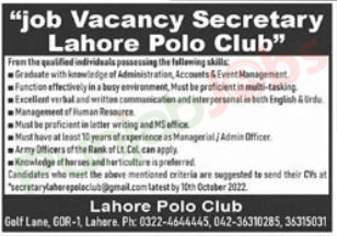 Lahore Polo Club Jobs 2022 Advertisement