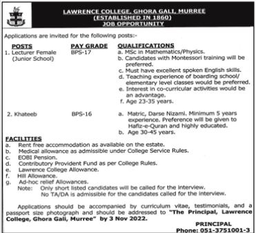 Lawrence College Ghora Gali Murree Jobs 2022 Advertisement