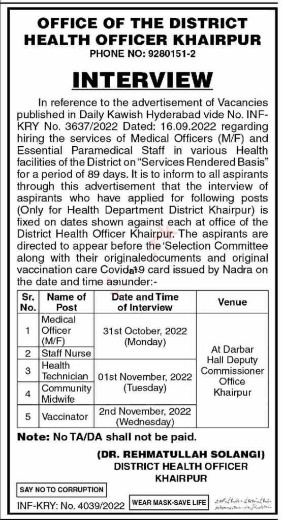 Office of District Health Officer Kahirpur Jobs 2022 Advertisement