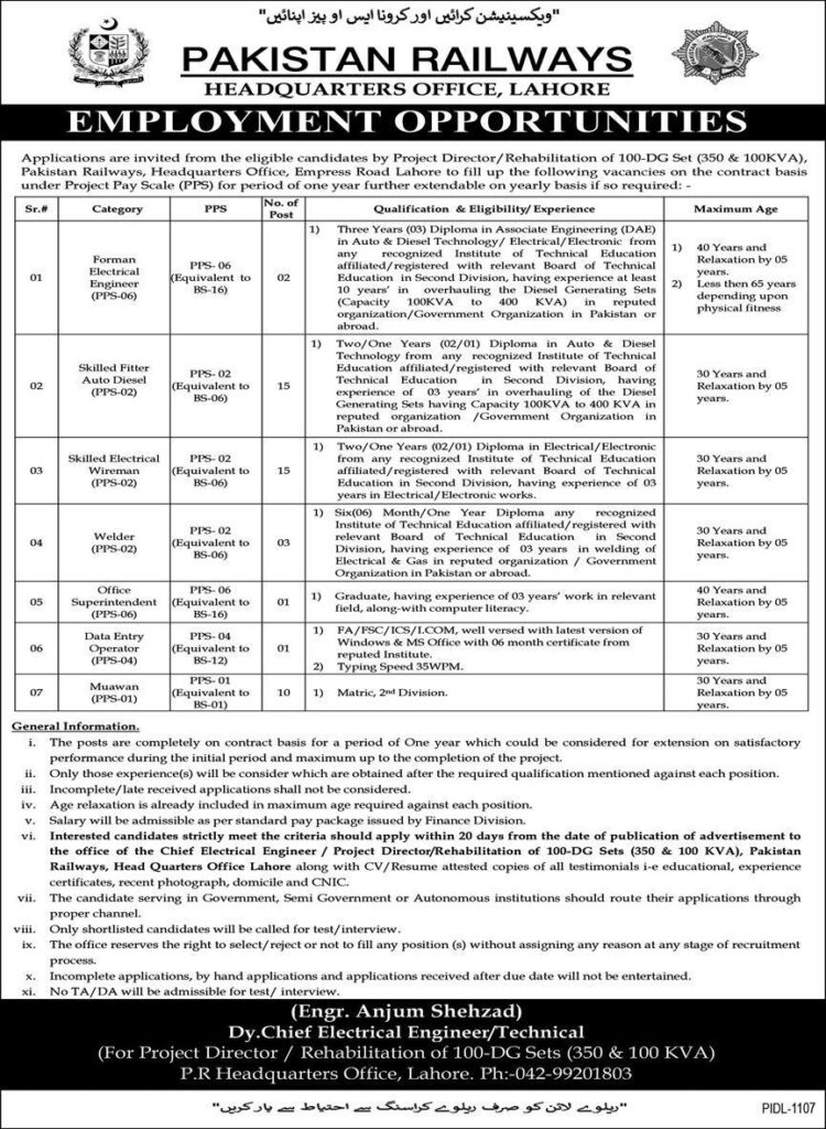 Pakistan Railways Lahore Jobs 2022 Advertisement