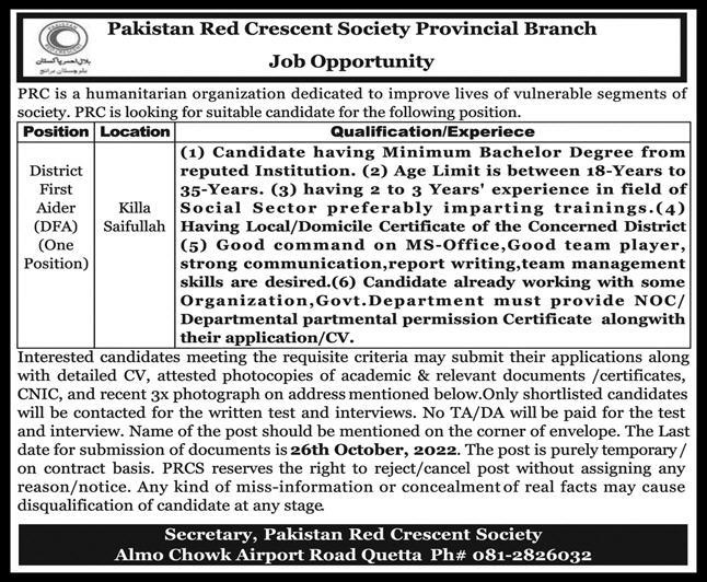 Pakistan Red Crescent Society Killa Saifullah Job 2022 Advertisement
