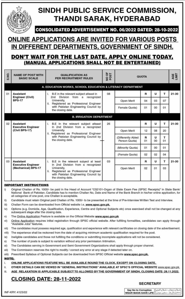 Sindh Public Service Commission Thandi Sarak Hyderabad Jobs 2022 Advertisement