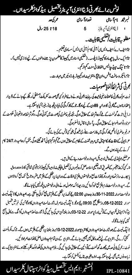 Tehsil Headquarter Hospital Kallar Syedan Jobs 2022 Advertisement
