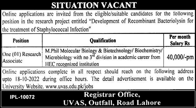 University of Veterinary & Animal Sciences Lahore Jobs 2022 Advertisement