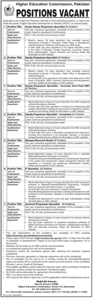 Vacant Positions at Higher Education Commission Jobs 2022 Advertisement