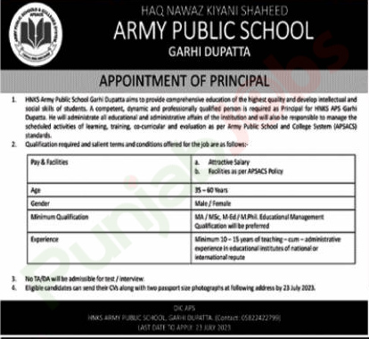 Army Public School Muzaffarabad Jobs 2023 Advertisement