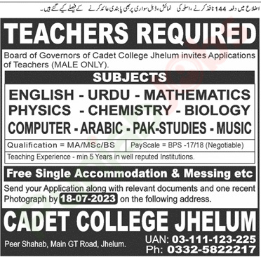 Cadet College Jhelum Jobs 2023 Advertisement