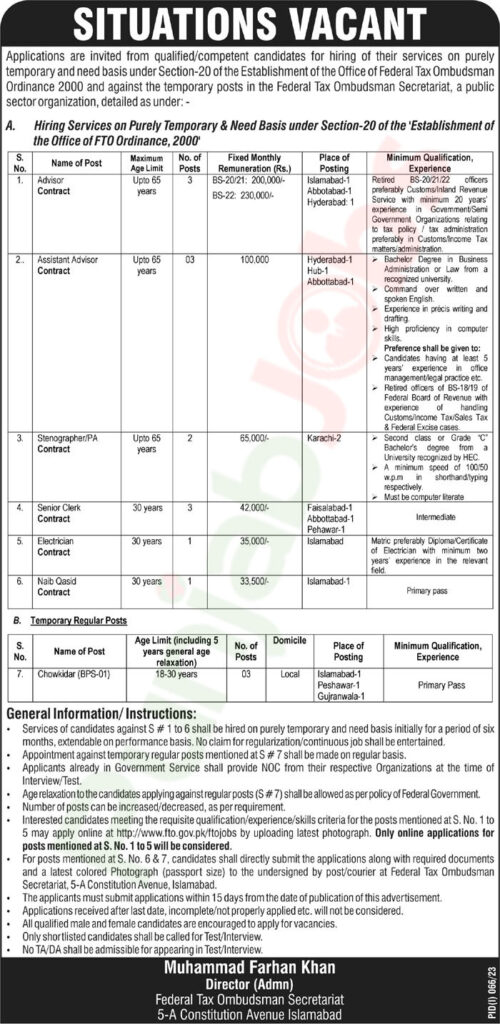 Federal Tax Ombudsman Secretariat Jobs 2023 Advertisement