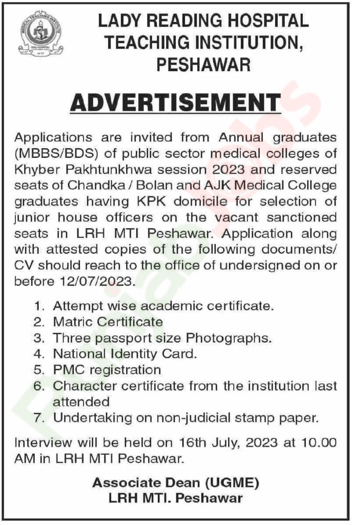 Lady Reading Hospital Peshawar Jobs 2023 Advertisement