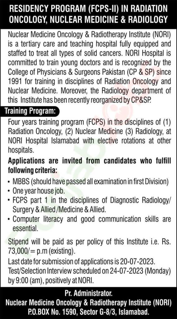 Nuclear Medicine Oncology & Radiotherapy Institute NORI Jobs 2023 Advertisement