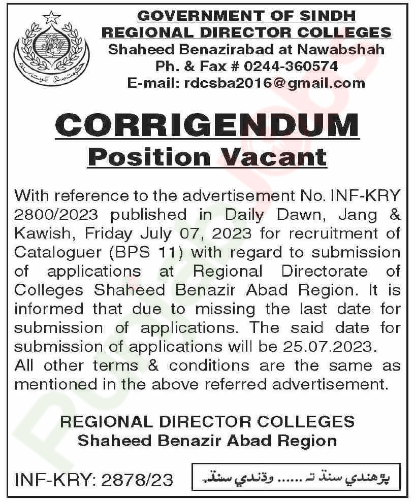 Regional Directorate of College Nawabshah Jobs 2023 Advertisement