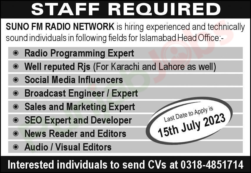 Suno FM Radio Network Islamabad Jobs 2023 Advertisement