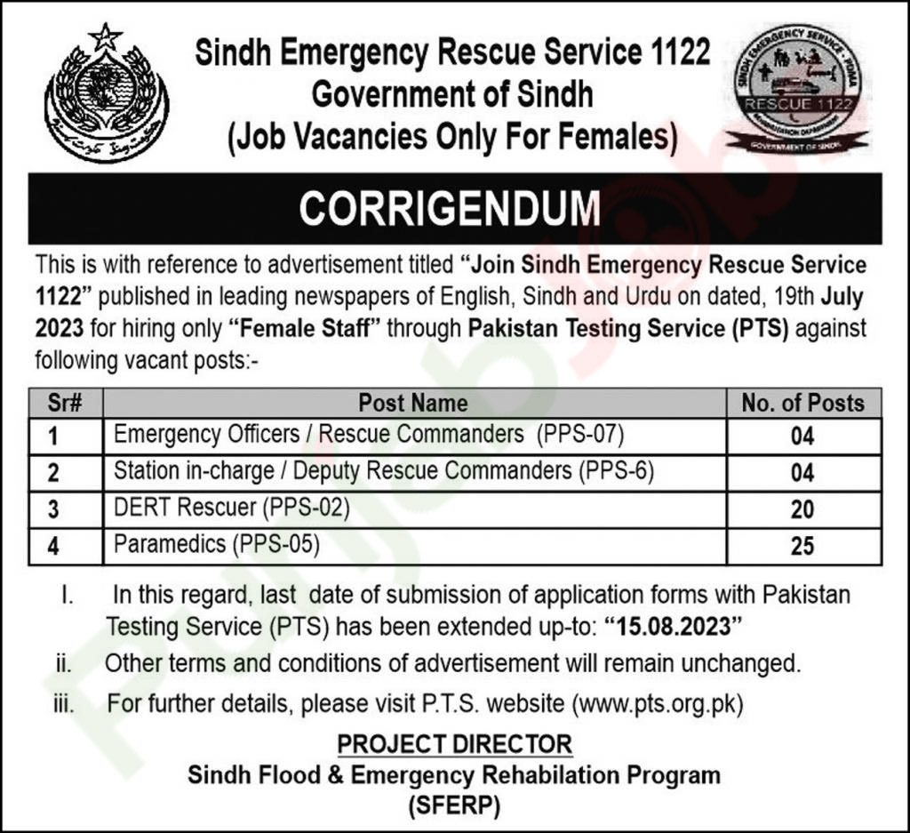 Sindh Emergency Rescue Service 1122 Jobs 2023 Advertisement